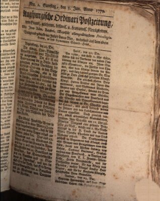 Augsburgische Ordinari Postzeitung von Staats-, gelehrten, historisch- u. ökonomischen Neuigkeiten (Augsburger Postzeitung) Samstag 2. Januar 1779