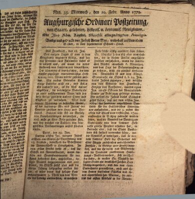 Augsburgische Ordinari Postzeitung von Staats-, gelehrten, historisch- u. ökonomischen Neuigkeiten (Augsburger Postzeitung) Mittwoch 10. Februar 1779