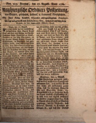 Augsburgische Ordinari Postzeitung von Staats-, gelehrten, historisch- u. ökonomischen Neuigkeiten (Augsburger Postzeitung) Freitag 27. August 1779