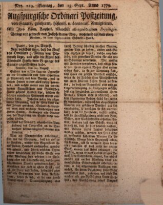 Augsburgische Ordinari Postzeitung von Staats-, gelehrten, historisch- u. ökonomischen Neuigkeiten (Augsburger Postzeitung) Montag 13. September 1779