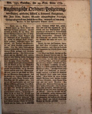 Augsburgische Ordinari Postzeitung von Staats-, gelehrten, historisch- u. ökonomischen Neuigkeiten (Augsburger Postzeitung) Samstag 25. September 1779