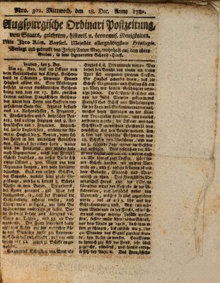 Augsburgische Ordinari Postzeitung von Staats-, gelehrten, historisch- u. ökonomischen Neuigkeiten (Augsburger Postzeitung) Mittwoch 18. Dezember 1782