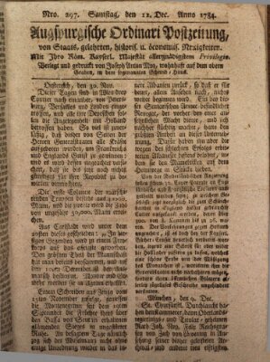 Augsburgische Ordinari Postzeitung von Staats-, gelehrten, historisch- u. ökonomischen Neuigkeiten (Augsburger Postzeitung) Samstag 11. Dezember 1784