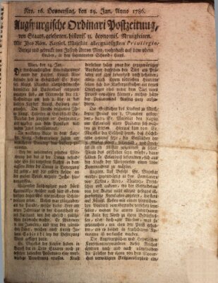 Augsburgische Ordinari Postzeitung von Staats-, gelehrten, historisch- u. ökonomischen Neuigkeiten (Augsburger Postzeitung) Donnerstag 19. Januar 1786