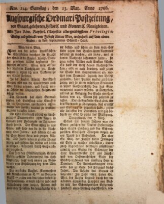 Augsburgische Ordinari Postzeitung von Staats-, gelehrten, historisch- u. ökonomischen Neuigkeiten (Augsburger Postzeitung) Samstag 13. Mai 1786