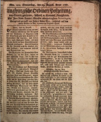 Augsburgische Ordinari Postzeitung von Staats-, gelehrten, historisch- u. ökonomischen Neuigkeiten (Augsburger Postzeitung) Donnerstag 23. August 1787