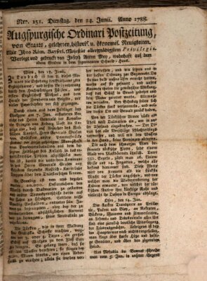 Augsburgische Ordinari Postzeitung von Staats-, gelehrten, historisch- u. ökonomischen Neuigkeiten (Augsburger Postzeitung) Dienstag 24. Juni 1788