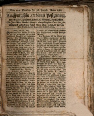 Augsburgische Ordinari Postzeitung von Staats-, gelehrten, historisch- u. ökonomischen Neuigkeiten (Augsburger Postzeitung) Dienstag 26. August 1788