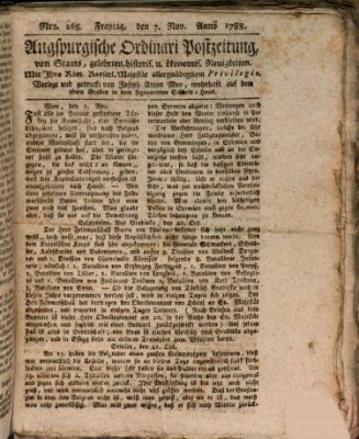 Augsburgische Ordinari Postzeitung von Staats-, gelehrten, historisch- u. ökonomischen Neuigkeiten (Augsburger Postzeitung) Freitag 7. November 1788