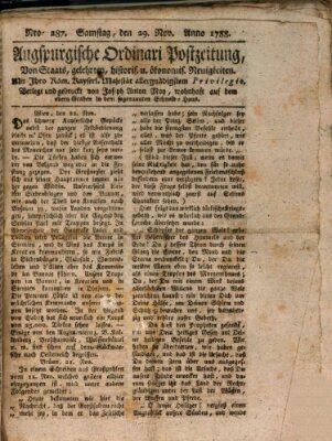 Augsburgische Ordinari Postzeitung von Staats-, gelehrten, historisch- u. ökonomischen Neuigkeiten (Augsburger Postzeitung) Samstag 29. November 1788