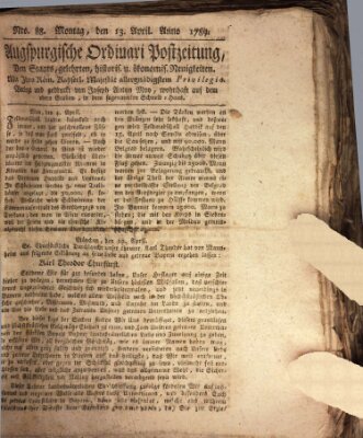 Augsburgische Ordinari Postzeitung von Staats-, gelehrten, historisch- u. ökonomischen Neuigkeiten (Augsburger Postzeitung) Montag 13. April 1789