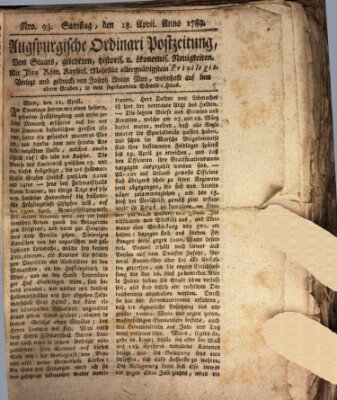 Augsburgische Ordinari Postzeitung von Staats-, gelehrten, historisch- u. ökonomischen Neuigkeiten (Augsburger Postzeitung) Samstag 18. April 1789