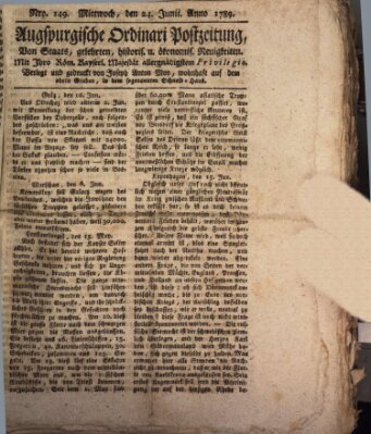 Augsburgische Ordinari Postzeitung von Staats-, gelehrten, historisch- u. ökonomischen Neuigkeiten (Augsburger Postzeitung) Mittwoch 24. Juni 1789