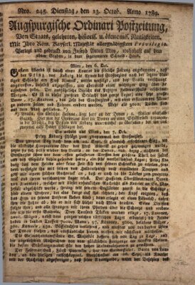 Augsburgische Ordinari Postzeitung von Staats-, gelehrten, historisch- u. ökonomischen Neuigkeiten (Augsburger Postzeitung) Dienstag 13. Oktober 1789