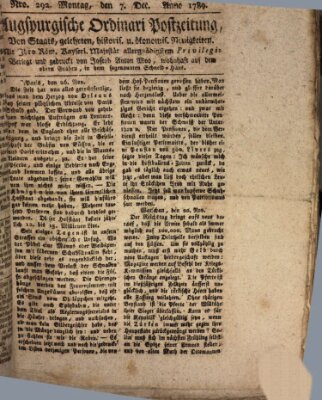 Augsburgische Ordinari Postzeitung von Staats-, gelehrten, historisch- u. ökonomischen Neuigkeiten (Augsburger Postzeitung) Montag 7. Dezember 1789