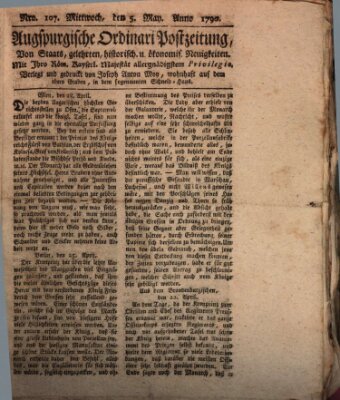 Augsburgische Ordinari Postzeitung von Staats-, gelehrten, historisch- u. ökonomischen Neuigkeiten (Augsburger Postzeitung) Mittwoch 5. Mai 1790