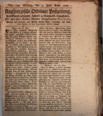 Augsburgische Ordinari Postzeitung von Staats-, gelehrten, historisch- u. ökonomischen Neuigkeiten (Augsburger Postzeitung) Montag 5. Juli 1790