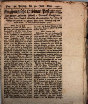 Augsburgische Ordinari Postzeitung von Staats-, gelehrten, historisch- u. ökonomischen Neuigkeiten (Augsburger Postzeitung) Freitag 30. Juli 1790