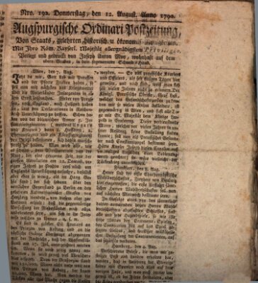 Augsburgische Ordinari Postzeitung von Staats-, gelehrten, historisch- u. ökonomischen Neuigkeiten (Augsburger Postzeitung) Donnerstag 12. August 1790