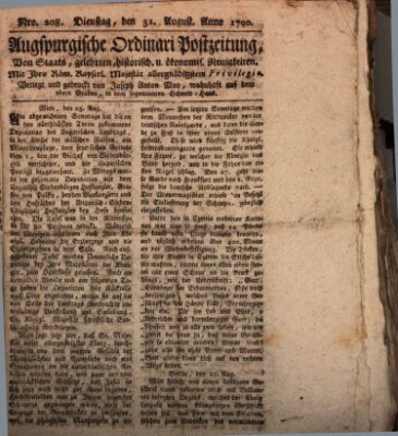 Augsburgische Ordinari Postzeitung von Staats-, gelehrten, historisch- u. ökonomischen Neuigkeiten (Augsburger Postzeitung) Dienstag 31. August 1790