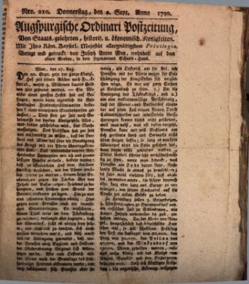 Augsburgische Ordinari Postzeitung von Staats-, gelehrten, historisch- u. ökonomischen Neuigkeiten (Augsburger Postzeitung) Donnerstag 2. September 1790