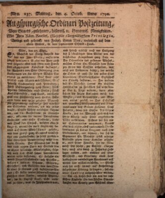 Augsburgische Ordinari Postzeitung von Staats-, gelehrten, historisch- u. ökonomischen Neuigkeiten (Augsburger Postzeitung) Montag 4. Oktober 1790