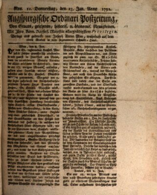 Augsburgische Ordinari Postzeitung von Staats-, gelehrten, historisch- u. ökonomischen Neuigkeiten (Augsburger Postzeitung) Donnerstag 13. Januar 1791