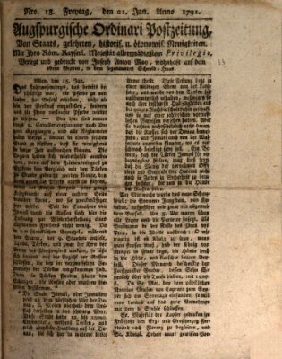 Augsburgische Ordinari Postzeitung von Staats-, gelehrten, historisch- u. ökonomischen Neuigkeiten (Augsburger Postzeitung) Freitag 21. Januar 1791