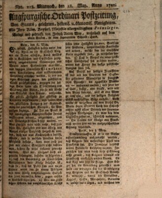 Augsburgische Ordinari Postzeitung von Staats-, gelehrten, historisch- u. ökonomischen Neuigkeiten (Augsburger Postzeitung) Mittwoch 18. Mai 1791
