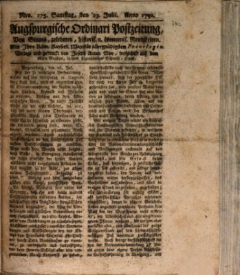 Augsburgische Ordinari Postzeitung von Staats-, gelehrten, historisch- u. ökonomischen Neuigkeiten (Augsburger Postzeitung) Samstag 23. Juli 1791