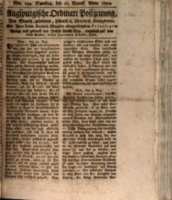 Augsburgische Ordinari Postzeitung von Staats-, gelehrten, historisch- u. ökonomischen Neuigkeiten (Augsburger Postzeitung) Samstag 20. August 1791