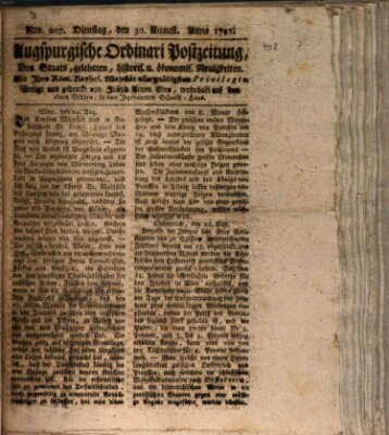 Augsburgische Ordinari Postzeitung von Staats-, gelehrten, historisch- u. ökonomischen Neuigkeiten (Augsburger Postzeitung) Dienstag 30. August 1791