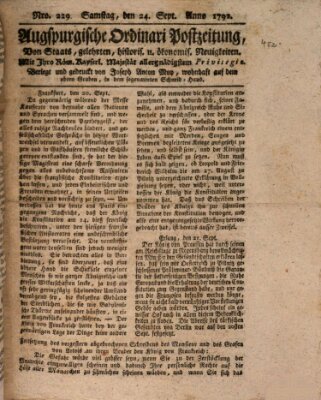 Augsburgische Ordinari Postzeitung von Staats-, gelehrten, historisch- u. ökonomischen Neuigkeiten (Augsburger Postzeitung) Samstag 24. September 1791