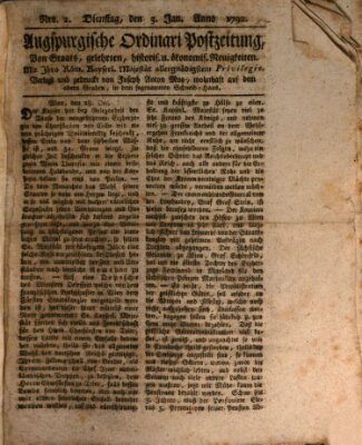 Augsburgische Ordinari Postzeitung von Staats-, gelehrten, historisch- u. ökonomischen Neuigkeiten (Augsburger Postzeitung) Dienstag 3. Januar 1792