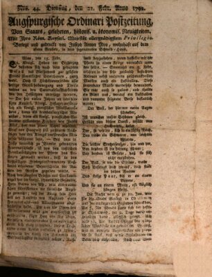 Augsburgische Ordinari Postzeitung von Staats-, gelehrten, historisch- u. ökonomischen Neuigkeiten (Augsburger Postzeitung) Dienstag 21. Februar 1792