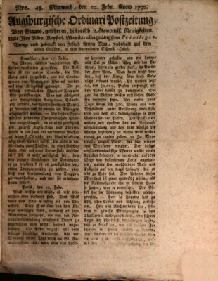 Augsburgische Ordinari Postzeitung von Staats-, gelehrten, historisch- u. ökonomischen Neuigkeiten (Augsburger Postzeitung) Mittwoch 22. Februar 1792