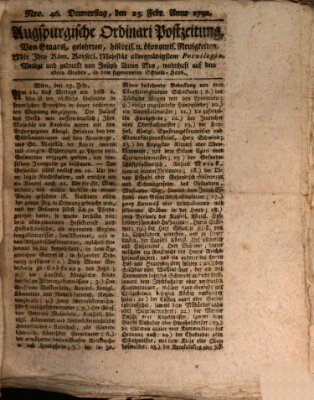 Augsburgische Ordinari Postzeitung von Staats-, gelehrten, historisch- u. ökonomischen Neuigkeiten (Augsburger Postzeitung) Donnerstag 23. Februar 1792