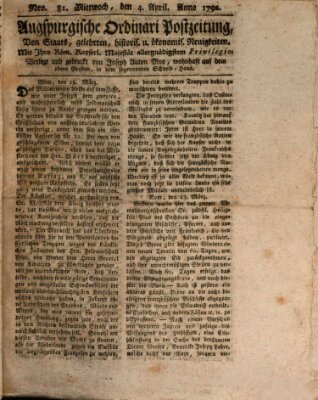 Augsburgische Ordinari Postzeitung von Staats-, gelehrten, historisch- u. ökonomischen Neuigkeiten (Augsburger Postzeitung) Mittwoch 4. April 1792