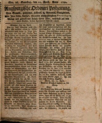 Augsburgische Ordinari Postzeitung von Staats-, gelehrten, historisch- u. ökonomischen Neuigkeiten (Augsburger Postzeitung) Samstag 21. April 1792