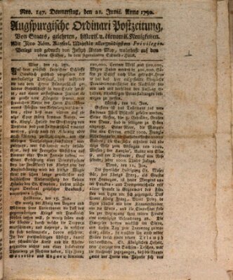Augsburgische Ordinari Postzeitung von Staats-, gelehrten, historisch- u. ökonomischen Neuigkeiten (Augsburger Postzeitung) Donnerstag 21. Juni 1792