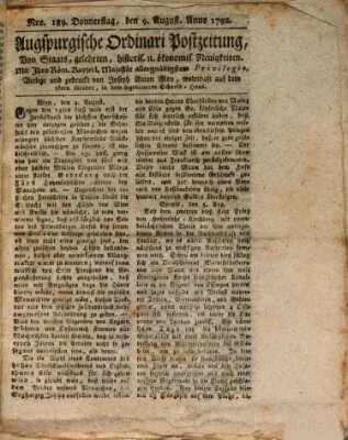 Augsburgische Ordinari Postzeitung von Staats-, gelehrten, historisch- u. ökonomischen Neuigkeiten (Augsburger Postzeitung) Donnerstag 9. August 1792