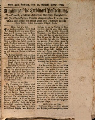 Augsburgische Ordinari Postzeitung von Staats-, gelehrten, historisch- u. ökonomischen Neuigkeiten (Augsburger Postzeitung) Freitag 31. August 1792