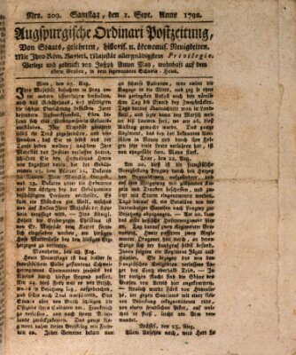 Augsburgische Ordinari Postzeitung von Staats-, gelehrten, historisch- u. ökonomischen Neuigkeiten (Augsburger Postzeitung) Samstag 1. September 1792