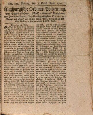 Augsburgische Ordinari Postzeitung von Staats-, gelehrten, historisch- u. ökonomischen Neuigkeiten (Augsburger Postzeitung) Montag 1. Oktober 1792