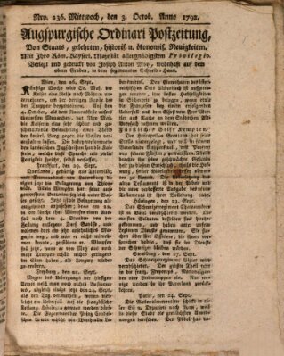 Augsburgische Ordinari Postzeitung von Staats-, gelehrten, historisch- u. ökonomischen Neuigkeiten (Augsburger Postzeitung) Mittwoch 3. Oktober 1792