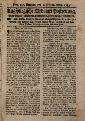 Augsburgische Ordinari Postzeitung von Staats-, gelehrten, historisch- u. ökonomischen Neuigkeiten (Augsburger Postzeitung) Freitag 4. Oktober 1793
