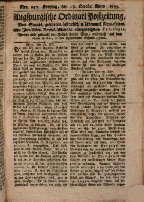 Augsburgische Ordinari Postzeitung von Staats-, gelehrten, historisch- u. ökonomischen Neuigkeiten (Augsburger Postzeitung) Freitag 18. Oktober 1793