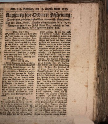 Augsburgische Ordinari Postzeitung von Staats-, gelehrten, historisch- u. ökonomischen Neuigkeiten (Augsburger Postzeitung) Samstag 15. August 1795