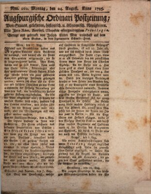 Augsburgische Ordinari Postzeitung von Staats-, gelehrten, historisch- u. ökonomischen Neuigkeiten (Augsburger Postzeitung) Montag 24. August 1795