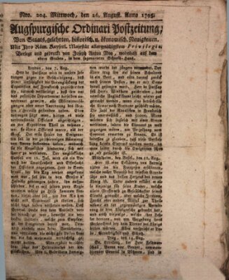Augsburgische Ordinari Postzeitung von Staats-, gelehrten, historisch- u. ökonomischen Neuigkeiten (Augsburger Postzeitung) Mittwoch 26. August 1795